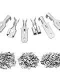 150 Piece 6.3Mm Male And Female Wire Spade Connector Quick Disconnect Terminal Kit showing various sizes and types of silver connectors.