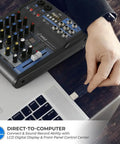 4 Channel Digital USB Bluetooth Pro Audio Mixer With MP3 Playback, USB connection to laptop, front panel controls visible.
