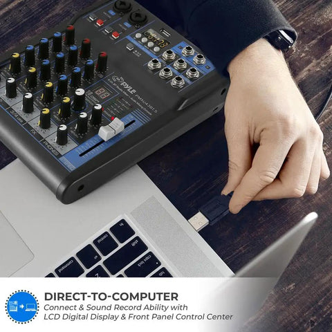 4 Channel Digital USB Bluetooth Pro Audio Mixer With MP3 Playback, USB connection to laptop, front panel controls visible.