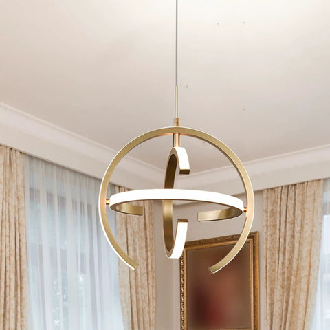 Lit Modern Gold Globe Pendant LED Chandelier With 3 Adjustable Rings 4000K Dimmable Indoor Light Fixture hanging in room