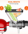 Cofun masticating juicer attachment for KitchenAid stand mixer; dual feed chute, red mixer base with celery and orange slices visible