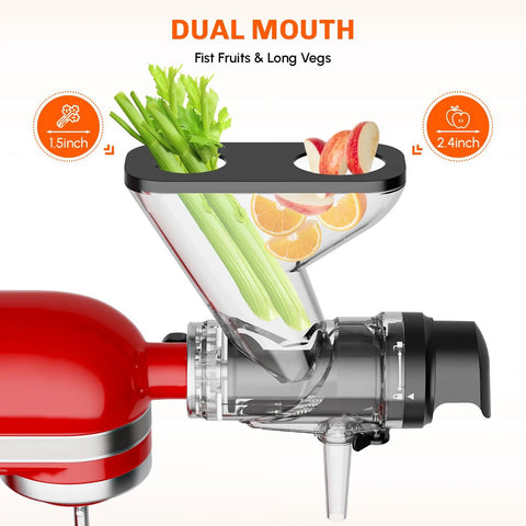 Cofun masticating juicer attachment for KitchenAid stand mixer; dual feed chute, red mixer base with celery and orange slices visible