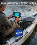 Man in kayak using fish finder powered by 12V 30Ah LiFePO4 Battery With DC Port, Compact Size Like 20Ah, 30A BMS With Low Temp Cutoff
