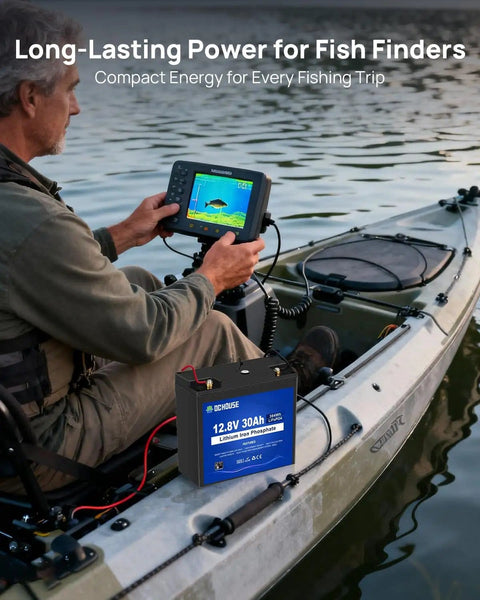 Man in kayak using fish finder powered by 12V 30Ah LiFePO4 Battery With DC Port, Compact Size Like 20Ah, 30A BMS With Low Temp Cutoff
