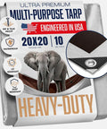 Image of packaging for 20X20 Heavy Duty Tarp Built Tough With 10 Mil Thickness Waterproof Tear And Fade Resistant UV Treated Surface Grommets Every 18 Inches Reversible Silver Brown For Outdoor Projects Camping Construction And More.