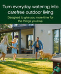Family playing with dog in backyard; Electronic Digital Hose End Timer Battery Powered Three Quarter Inch Hose Thread visible