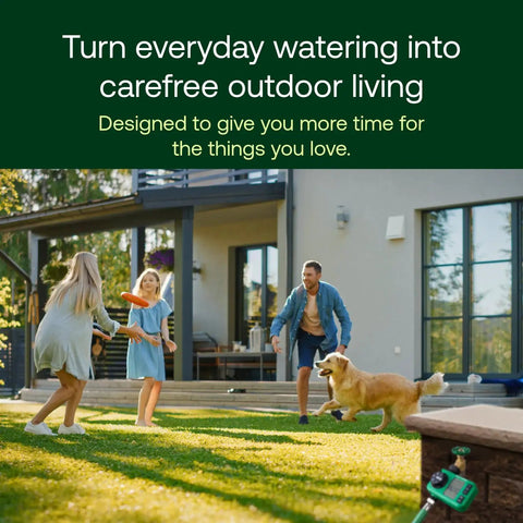 Family playing with dog in backyard; Electronic Digital Hose End Timer Battery Powered Three Quarter Inch Hose Thread visible