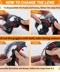 Instructions on changing lenses for OTG Safety Goggles Over Glasses For Wearers, ANSI Z87.1 Anti Fog Tactical Eye Protection.