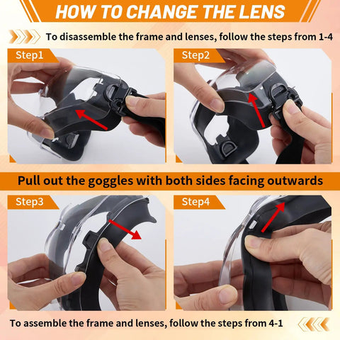 Instructions on changing lenses for OTG Safety Goggles Over Glasses For Wearers, ANSI Z87.1 Anti Fog Tactical Eye Protection.