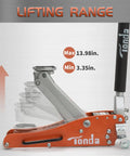 Low Profile 2 Ton Floor Jack With Aluminum And Steel Build, Dual Pump System For Lightning Fast Lifts, Ideal For Cars, Trucks And SUVs, Heavy Duty Hydraulic Jack In Bright Orange with lifting range shown