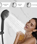 Woman using Sleek Matte Black All In One Shower System With Rain Shower Head And Handheld High Pressure 15 Settings Dual 2 In 1 Fixtures