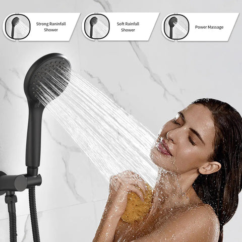 Woman using Sleek Matte Black All In One Shower System With Rain Shower Head And Handheld High Pressure 15 Settings Dual 2 In 1 Fixtures