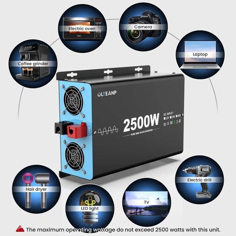 48V 2500W Pure Sine Wave Inverter for Off Grid Power 110V AC Output 5000W Peak with appliance compatibility displayed
