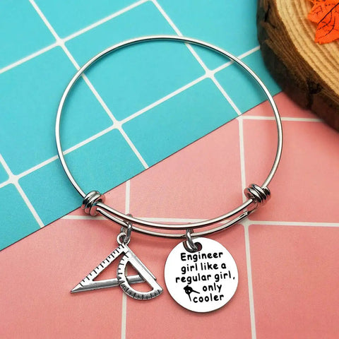 Funny Engineer Gift For Women Engineers Bracelet With Ruler Charm and Protractor on Tile Background, Expandable Bangle