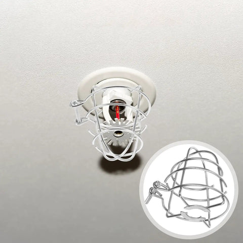 Rock Solid Fire Sprinkler Head Protector Cages 2 Pack in silver metal, protecting ceiling-mounted sprinkler from impacts.