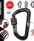 Heavy Duty Carabiner Clips 12kN 2697 Lbs Quick Lock Aluminum 7075 with screw gate and load capacity markings