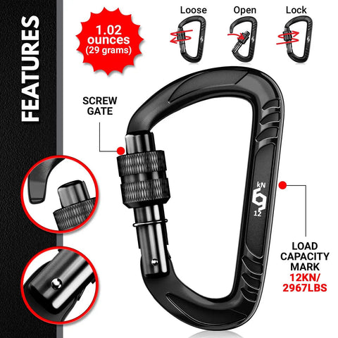 Heavy Duty Carabiner Clips 12kN 2697 Lbs Quick Lock Aluminum 7075 with screw gate and load capacity markings