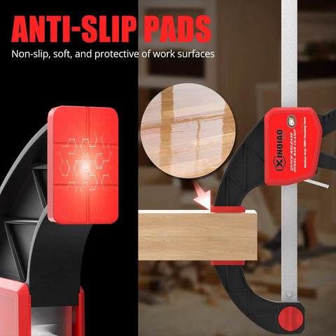 4-Inch Bar Clamps For Woodworking Set Of 4 One-Handed Spreader Clamps with anti-slip pads holding wood piece