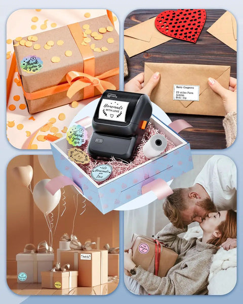 Dead Simple Wireless Bluetooth Label Printer With Tape Slick Portable Unit generates address and barcode labels on various gifts and envelopes.