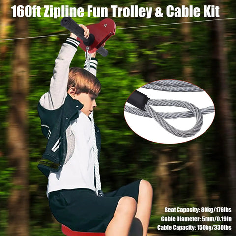 Child using 160 Ft Zip Line Kit For Backyard And Parks, Kids And Adults Outdoor Zipline With Stainless Steel Spring Brake, Supports Up To 330 Lbs