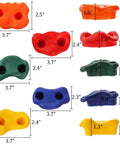 Gear Up And Crush Your Next Session With This Solid Rock Climbing Holds Kit Featuring twenty five multi colored grips shown with measurements.