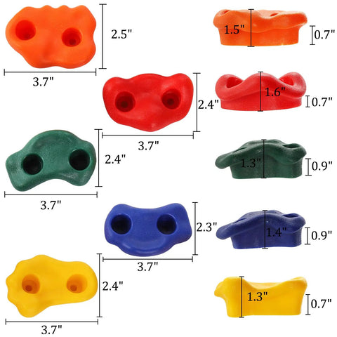 Gear Up And Crush Your Next Session With This Solid Rock Climbing Holds Kit Featuring twenty five multi colored grips shown with measurements.