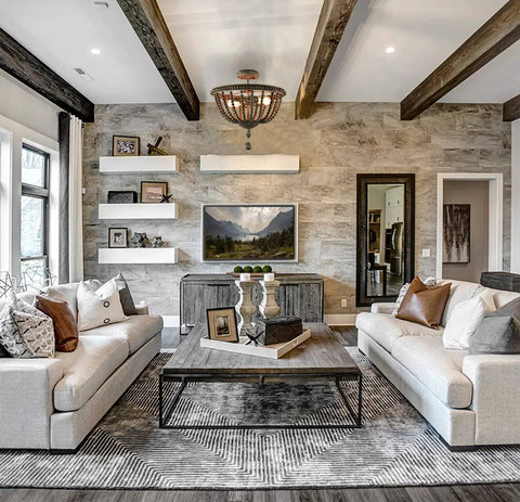 Living room with Modern Farmhouse Semi Flush Mount Ceiling Light With Wood Bead Shade Open Bowl Frame Boho Chic Warm Glow