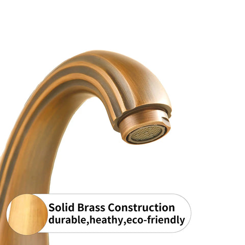 Antique Brass Two-Handle Three-Hole Bathroom Sink Faucet With Drip-Free Solid Brass Construction Hot And Cold Water Mixing Classic Vanity Tap Matching Metal Pop-Up Drain Assembly For Easy Install