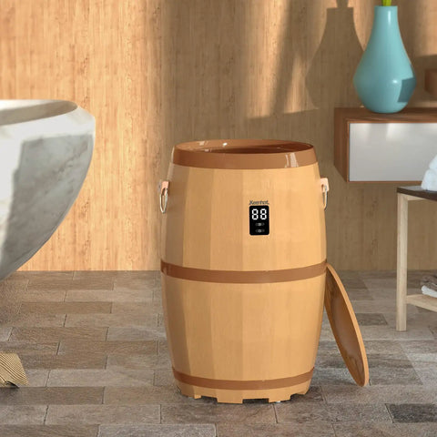 Large Towel Warmer Bucket With LED Display For Spa Worthy Comfort, Hot Towel Warmer For Bathroom next to tub and decor.