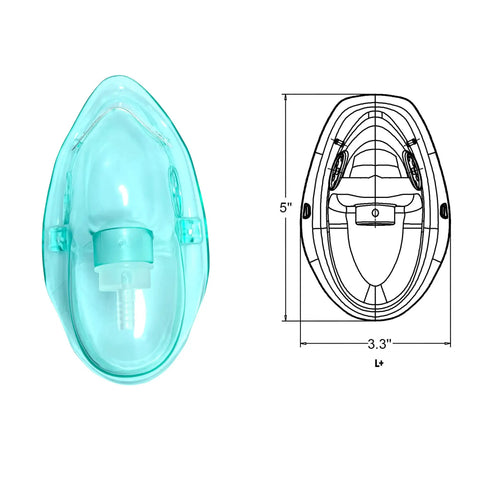 Adult Europe Standard Oxygen Mask With 6.6 Ft Tubing, front view and diagram, size Large, PVC material, pack of 4 masks and tubing.