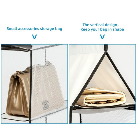 Casual Hanging Purse Organizer For Closet With Four Mesh Shelves Two Pack see-through storage with handbag inside.
