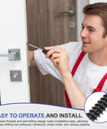 Man installing Heavy Duty 50 Pack Torx Flat Head Wood Screws M3 X 12mm Black Stainless Steel into a door.