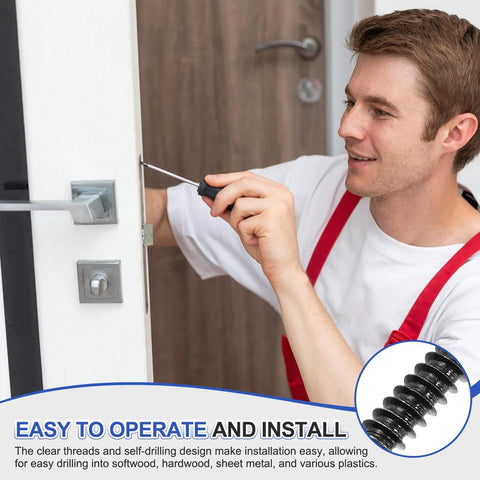 Man installing Heavy Duty 50 Pack Torx Flat Head Wood Screws M3 X 12mm Black Stainless Steel into a door.