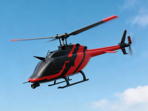 C138 Red And Black Remote Control Helicopter With 6CH 6 Axis Gyro Beginner Friendly Easy Hover Single Wing in flight against blue sky