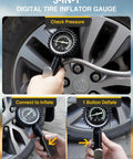 Heavy Duty Tire Pressure Gauge With Large Glow Dial And Steel Braided Hose Reaching Two Hundred Thirty Psi Via Quick Connect Coupler for checking tire pressure.