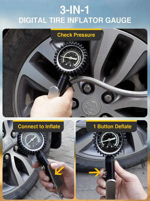 Heavy Duty Tire Pressure Gauge With Large Glow Dial And Steel Braided Hose Reaching Two Hundred Thirty Psi Via Quick Connect Coupler for checking tire pressure.