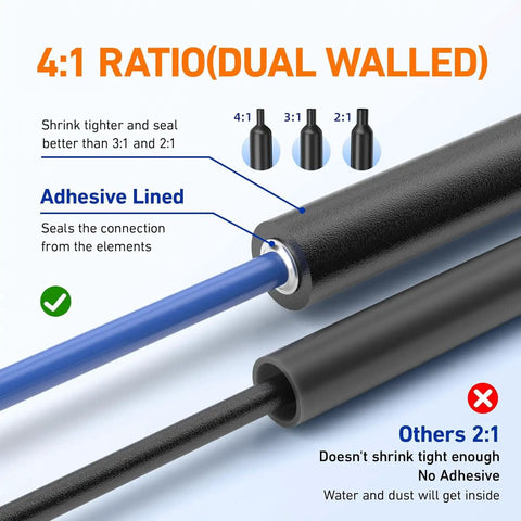 4:1 ratio dual-walled adhesive lined heat shrink tubing for optimal sealing shown alongside thinner options. Top Tier 500 Pieces Heat Shrink Tubing Kit With Sticky Liner And Fast 4 To 1 Shrink Ratio For Marine Grade Wire Bundles And Zero Hassle Waterproof Seals On The Daily Grind.