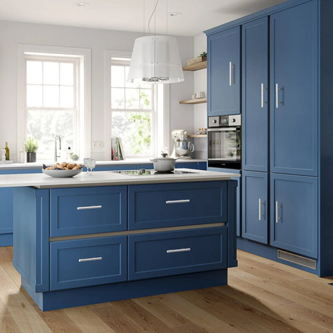 Modern kitchen with blue cabinets featuring 40 Pack Brushed Nickel Stainless Steel Kitchen Cabinet Handles Drawer Pulls, 5 Inch Length With 3 Inch Hole Center.