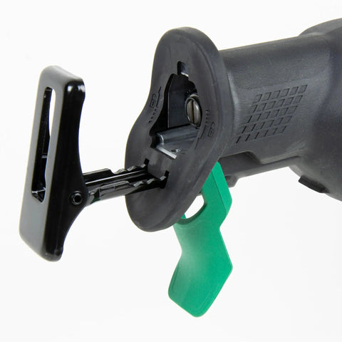Close-up of 36V MultiVolt Brushless Reciprocating Saw Kit with blade insertion slot and locking mechanism visible.