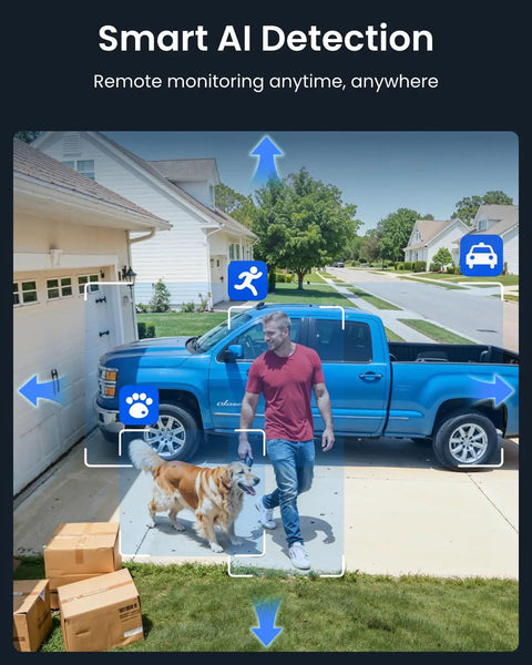 4K UHD PTZ Security Camera With 16X Optical Zoom And 3D Zoom Color Night Vision detecting man, dog, and vehicle in driveway