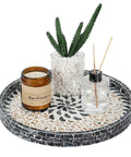 12 Inch Wooden Lazy Susan With Mother Of Pearl Inlay Smooth Spinning Turntable Serving Tray showcasing candles and decor items.