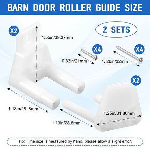 Adjustable Sliding Door Guide Set For Barn And Pocket Doors Floor Guide With Wall Mount RV Sliding Door Hardware Closet Door Guides For Carpet Barn Pocket Door Bottom Floor Guide Includes 2 Packs And 4 Screws, showing white guides and screws sizes