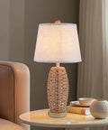Wicker table lamp with white shade on round table beside sofa, not Crystal Glass Table Lamp With Dual USB Charging Ports