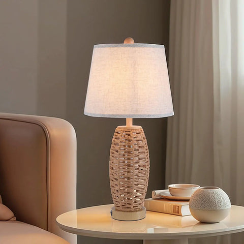 Wicker table lamp with white shade on round table beside sofa, not Crystal Glass Table Lamp With Dual USB Charging Ports