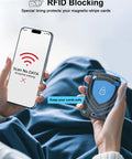 Person holding iPhone with RFID blocking screen, Must Have MagSafe Wallet For iPhone With Find My, Dope Magnetic Card Holder nearby.