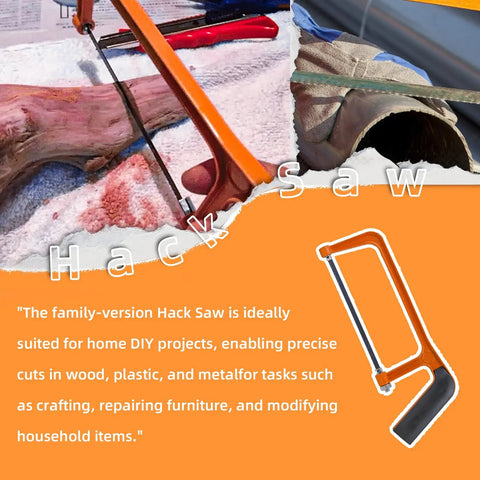 Orange hacksaw cutting through wood, shown with close-up on blade, suitable for DIY furniture repair and home projects.