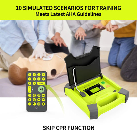 AED trainer XFT-120G front view CPR training device with lime-green defibrillator simulator and remote.