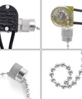 Three Pack Zing Ear ZE109 Two Wire Ceiling Fan Pull Chain Light Switch Replacement for Ceiling Fans, Wall Lamps, and Cabinet Lights Silver Finish Easy Install Durable Plastic Shell close-up of components and chain.