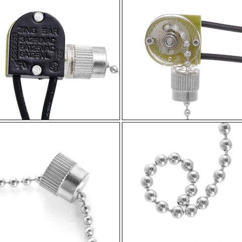 Three Pack Zing Ear ZE109 Two Wire Ceiling Fan Pull Chain Light Switch Replacement for Ceiling Fans, Wall Lamps, and Cabinet Lights Silver Finish Easy Install Durable Plastic Shell close-up of components and chain.