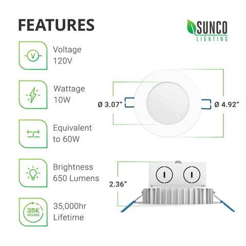 Features of 12 Pack Ultra Thin 4 Inch LED Recessed Downlights With Integrated Junction Box, Damp Rated, Dimmable Canless Slim Ceiling Lights